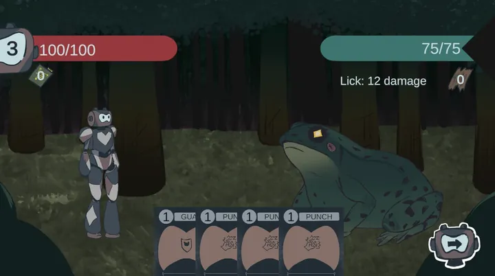 A small robot faces a giant toad in a card battle.
