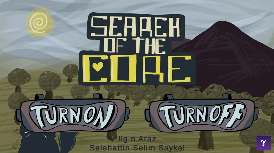 Search of the Core title screen with hand-drawn lettering over hills and mushroom trees.