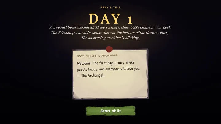 Day 1 screen with a welcome note from the Archangel.