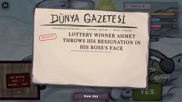 The World Gazette front page: Lottery winner Ahmet throws his resignation in his boss's face.